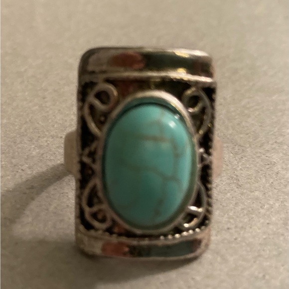 Antique Finish Filigree Silver Plated Turquoise Ring - Picture 1 of 5